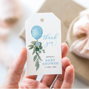 Åh pojke blå ballong grönska baby shower presentetikett