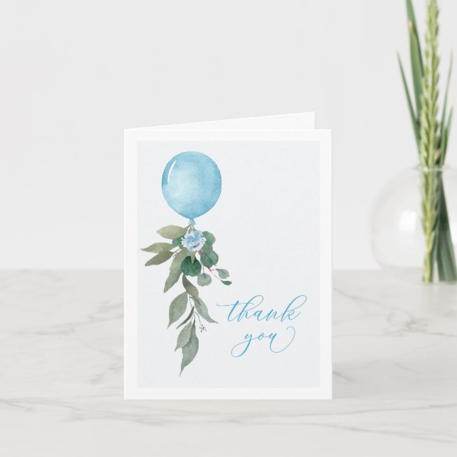Åh pojke blå ballong grönska baby shower tack kort (Framsida)