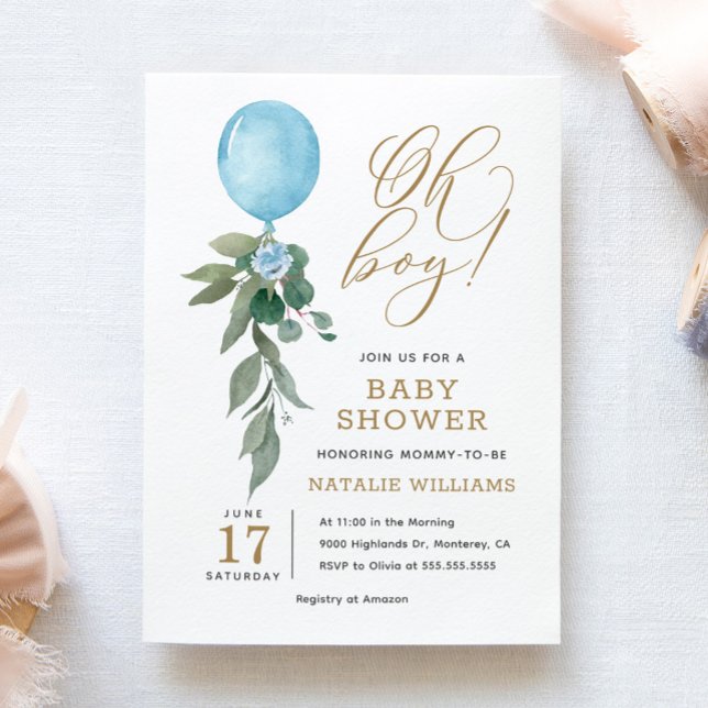 Åh pojke blå ballonggrönska Baby Shower Inbjudningar (Skapare uppladdad)
