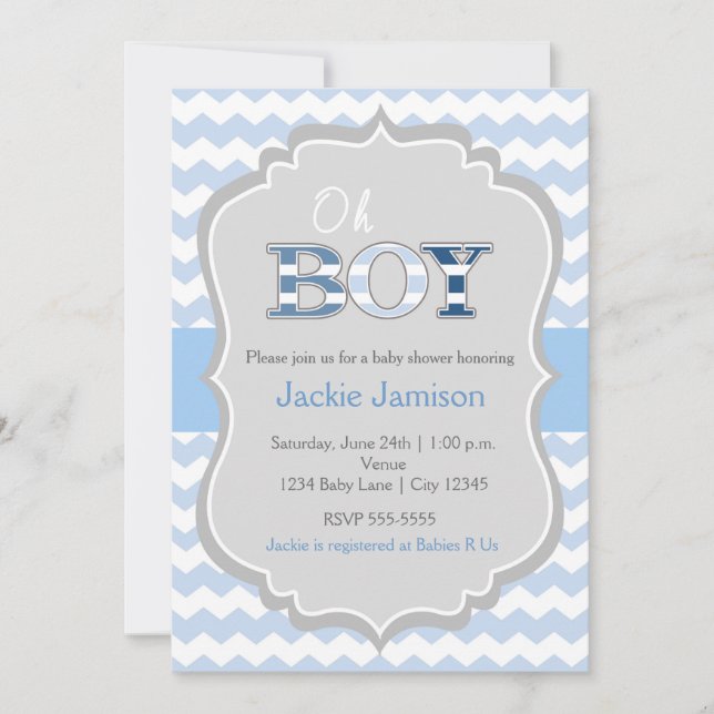 Åh pojke Blå Grå Chevron Baby Shower Inbjudan (Framsida)