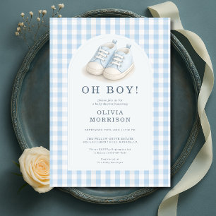 Åh pojke blå skor Gingham Baby Shower Inbjudningar