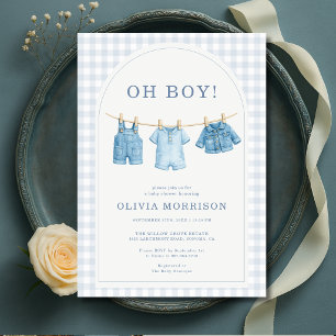 Åh pojke blått jeans tvättlinje baby shower inbjudningar