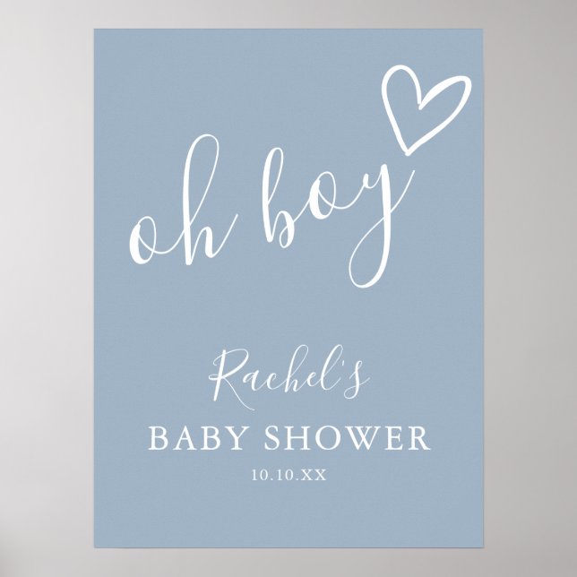 Åh Pojke Dammig Blå Baby Shower Välkomstskylt Poster (Framsidan)