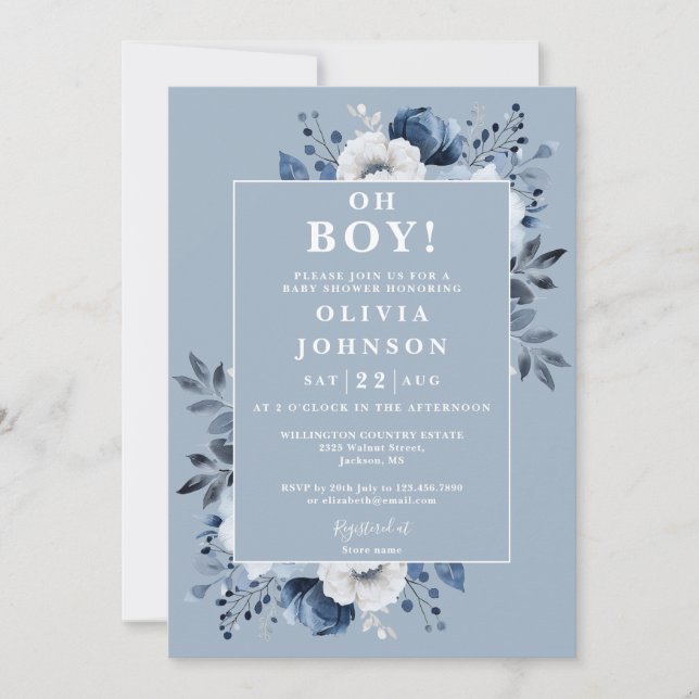 Åh Pojke Dammig Blå Blommig Baby Shower Inbjudningar (Framsida)
