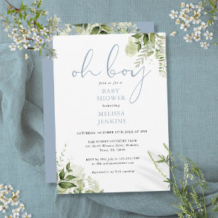 Åh pojke Dusty Blue Greenery Baby Shower Inbjudningar