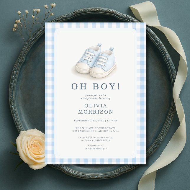 Åh Pojke Gingham Blå Skor Babyfirande Inbjudningar (Skapare uppladdad)