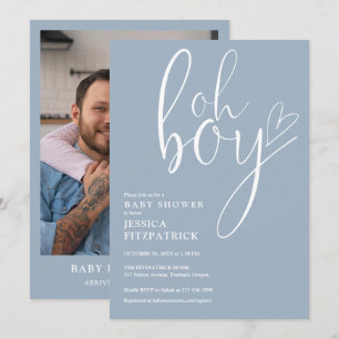 Åh Pojke Hjärtan Dammig Blå Pojke Foto Baby Shower Inbjudningar