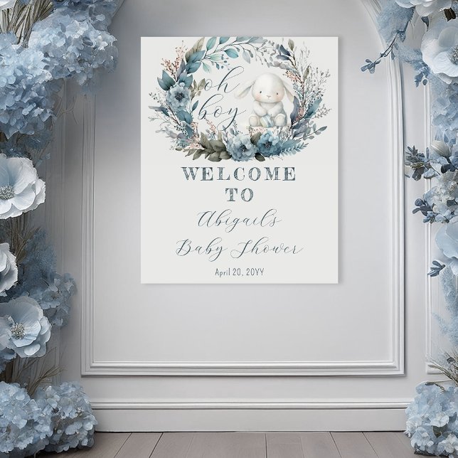 Åh Pojke Kanin Blå Blommig Krans Babykalas Poster (Bunny Rabbit and Blue Floral Wreath Boy Baby Shower Poster - "Oh Boy" Bunny Collection -Print | Digi)