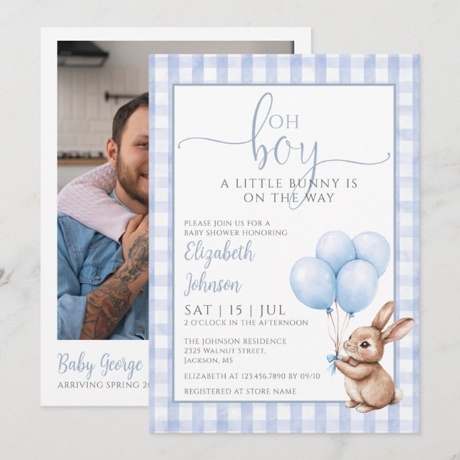 Åh pojke lilla kanin baby shower foto QR-kod Inbjudningar (Fram/baksida)