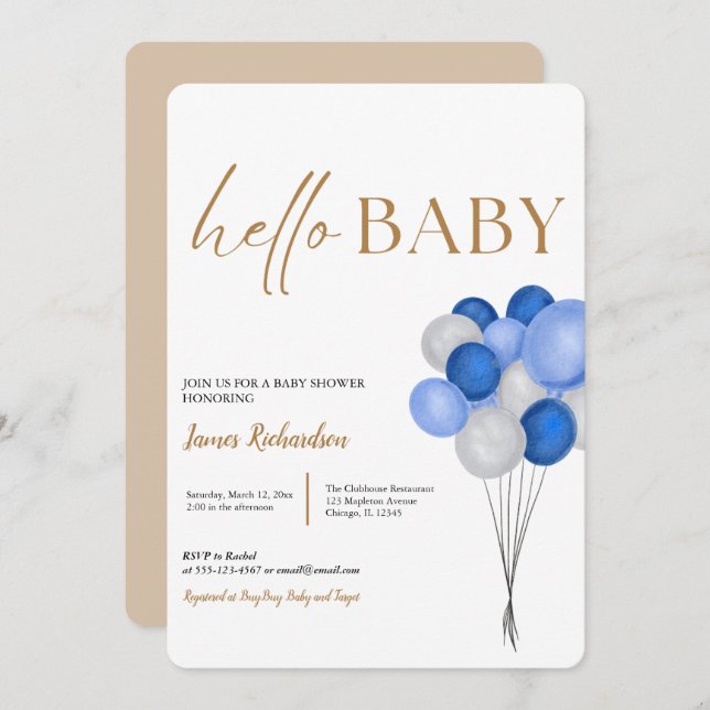 Åh pojke modern eukalyptus blå ballonger baby show inbjudningar (Fram/baksida)