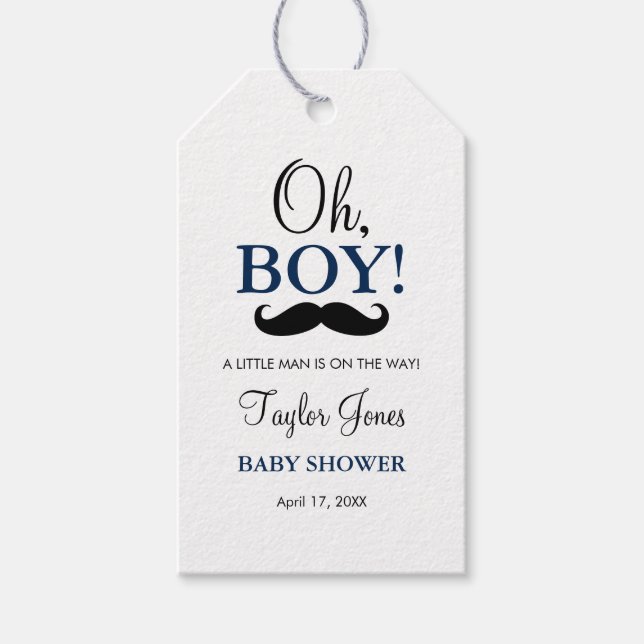 Åh Pojke Mustasch Baby Shower Fördel Present Tag Presentetikett (Framsidan)