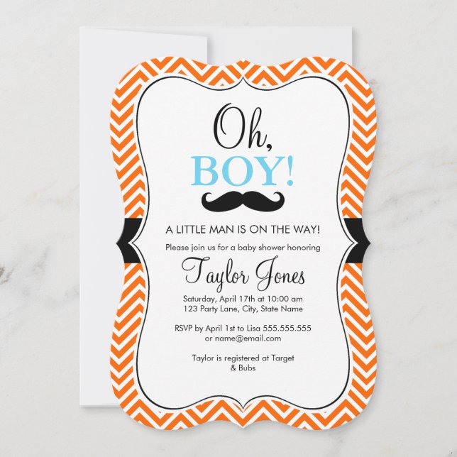 Åh Pojke Mustasch Baby Shower Inbjudan / Blå & Ora (Framsida)