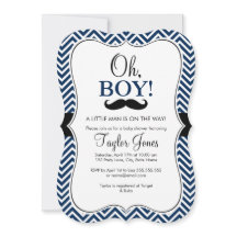 Åh Pojke Mustasch Baby Shower Inbjudan / Marinblå