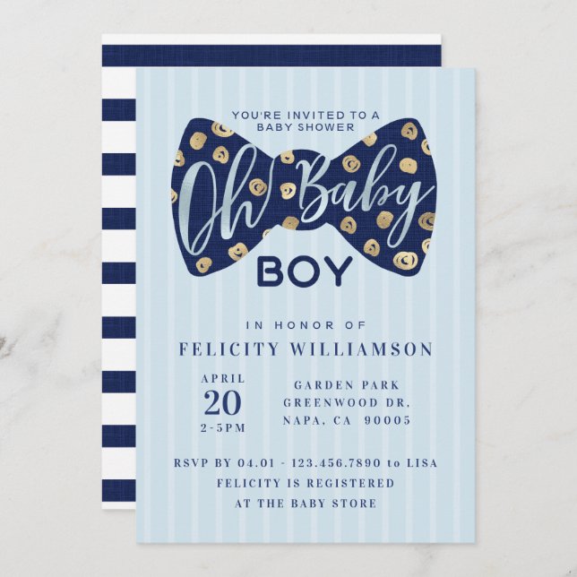 Åh Pojke Navy Bow Tie Baby Shower-inbjudan Inbjudningar (Fram/baksida)