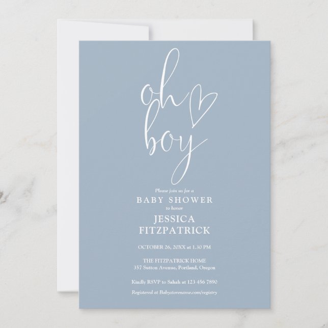 Åh Pojke Script Heart Dammig Blå Pojke Baby Shower Inbjudningar (Framsida)
