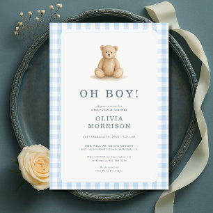 Åh pojke Teddybjörn Gingham Baby Shower Inbjudningar