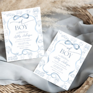 Åh Pojke Toile De Jouy Blå Bebis-fest Inbjudningar