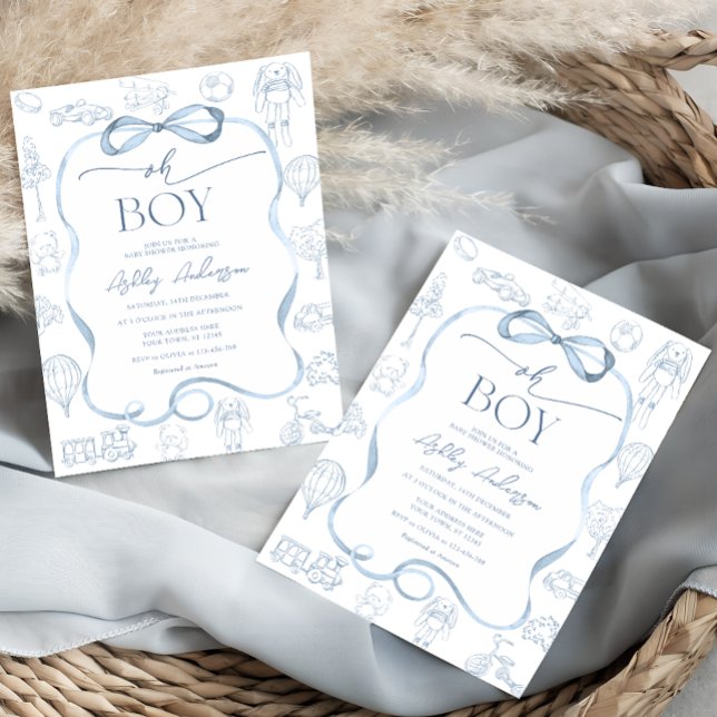 Åh Pojke Toile De Jouy Blå Bebis-fest Inbjudningar (Skapare uppladdad)