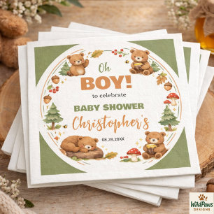 Åh Pojke Vattenfärg Skogsbjörn Baby Shower Pappersservett