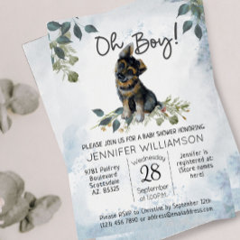 Åh pojke! Vattenfärg tysk schäferdräkt Baby Shower Inbjudningar