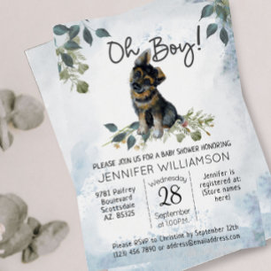 Åh pojke! Vattenfärg tysk schäferdräkt Baby Shower Inbjudningar