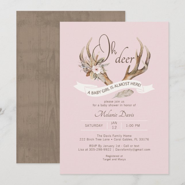 Åh, Rosa Woodland Baby Shower-inbjudan - Boh Inbjudningar (Fram/baksida)