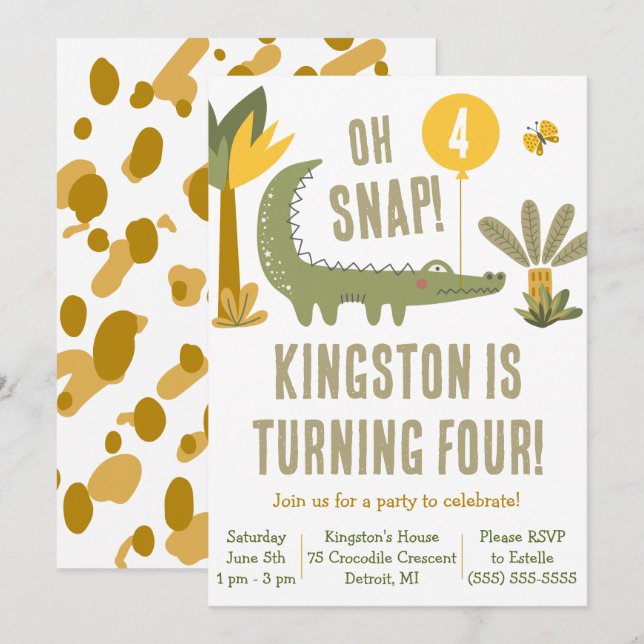 Åh, Snap! Alligator, krokodil, svamp, födelsedag Inbjudningar (Fram/baksida)