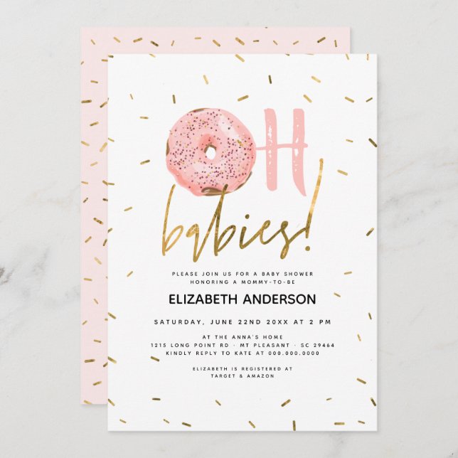 Åh Spädbarn Donut och Sprinkles Guld Girl Baby Sho Inbjudningar (Fram/baksida)