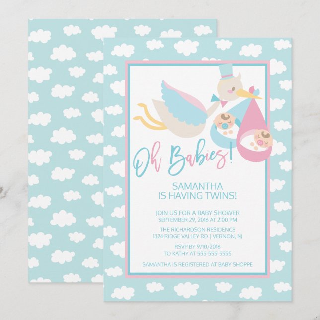 Åh Spädbarn! Inbjudan till Stork twin Baby Shower (Fram/baksida)