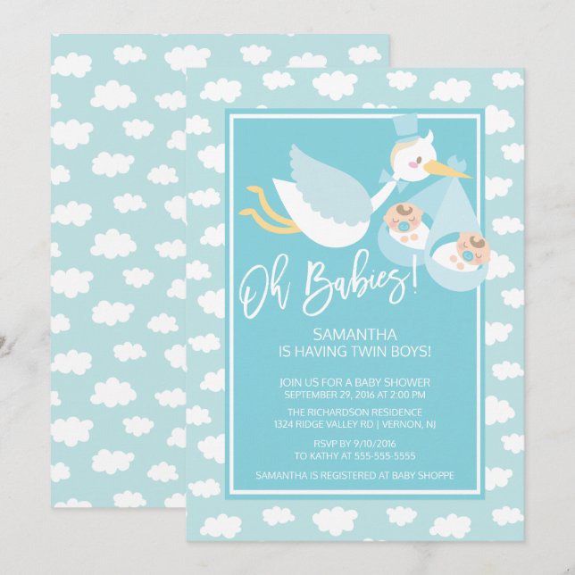 Åh Spädbarn! Stork twin boys Baby Shower-inbjudan Inbjudningar (Fram/baksida)