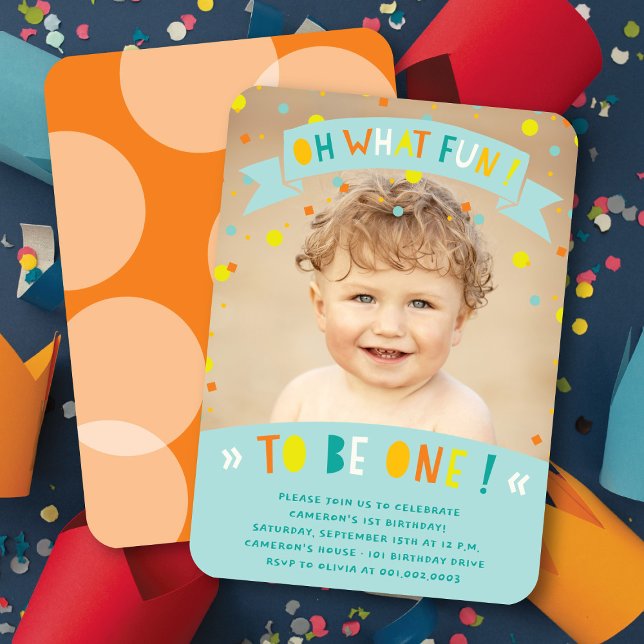 Åh vad kul Konfettifoto Pojke 1-års födelsedagsfes Inbjudningar (Oh What Fun To Be One Colorful Confetti Photo Boy 1st Birthday Party Invitation @ fatfatin)