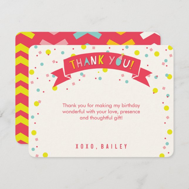 Åh vilken rolig färgglad konfettistil flickas föde tack kort (Fram/baksida)