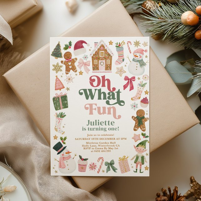 Åh Vilken Rolighet! 1-års Födelsedags Julinbjudan Inbjudningar (Oh What Fun! Christmas 1st Birthday Party Invitation December Baby )