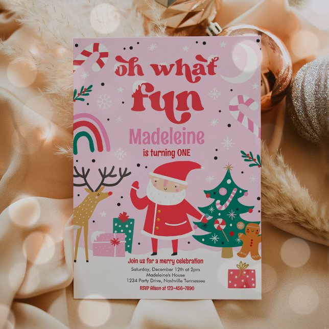 Åh, vilken Roligt Rosa jultomte Födelsedagsfest Inbjudningar (Skapare uppladdad)