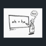 Aha! Funny STEM Tecknad Humor Math Science Joke Vykort<br><div class="desc">Den här roligtens vykort gör vem som helst! En humoristisk tecknad har en vetenskapsman på sin whiteboard. När han avslutar att skriva sin ekvation "ah = ha",  tänker han med lättnad: "AHA!" Underbar för STEM studenter,  lärare,  forskare...  eller vem som helst!</div>