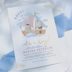 Ahoj Det Är En Pojke Elefant Segelbåt Baby Shower Inbjudningar