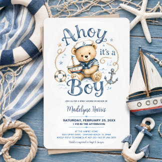 Ahoj! Det är en pojke! Marin teddybjörn - Baby Sho Inbjudningar