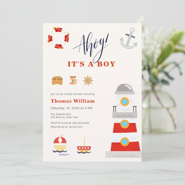 Ahoj Det är pojke Sail Lighthouse Baby Shower  Inbjudningar (Stående Fram)