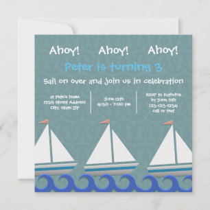 Ahoy Ahoy Ahoy 3-segelbåtar - inbjudan på födelsed