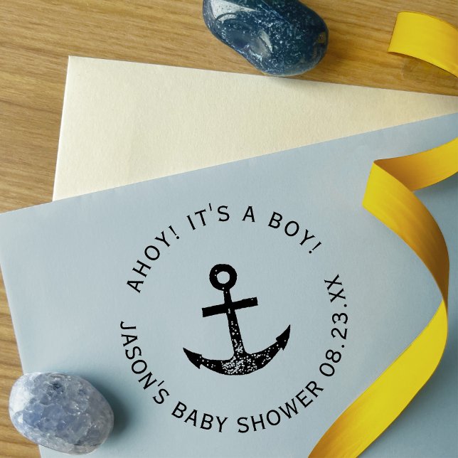 Ahoy! Anchor Nautical Blue Round Baby Shower Självfärgande Stämpel (Skapare uppladdad)