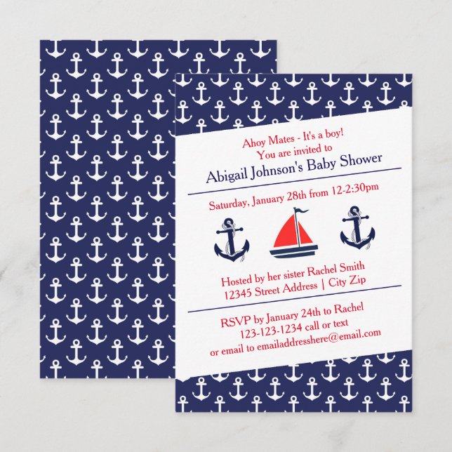 Ahoy Anchors Baby Shower - 3 x 5-inbjudan Inbjudningar (Fram/baksida)