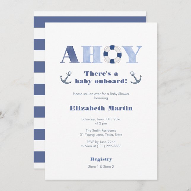 Ahoy Baby ombord på Nautical Boy Baby Shower Inbjudningar (Fram/baksida)