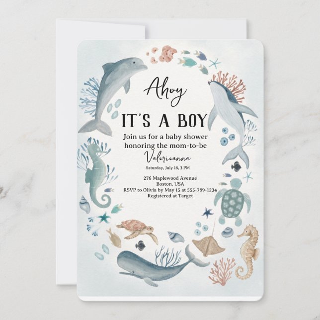 Ahoy Baby Shower Inbjudan Marin Tema (Framsida)