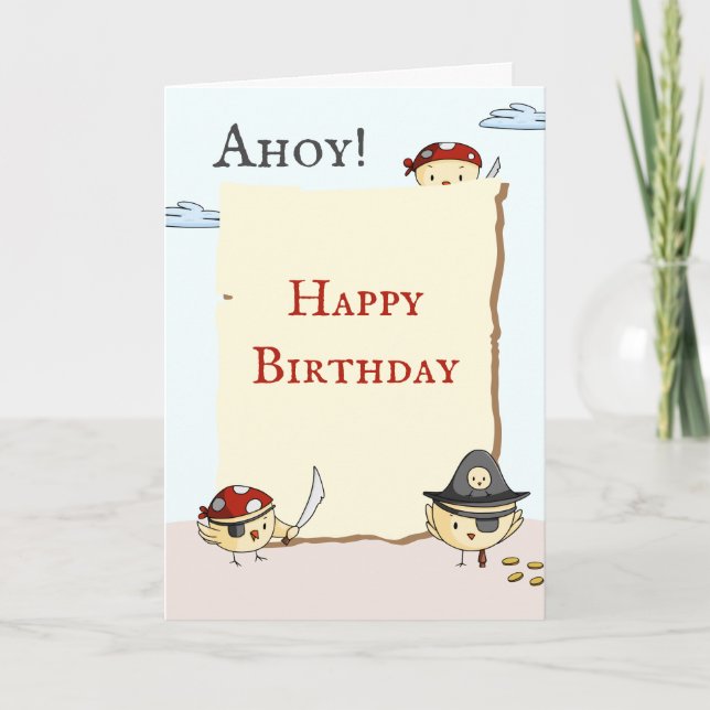 Ahoy Bird Pirat Theme Birthday Hälsning Kort (Framsida)