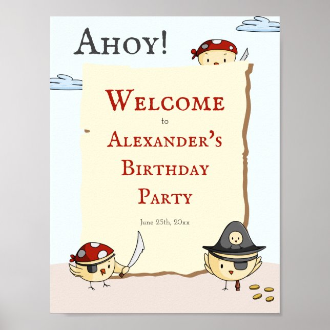 Ahoy Bird Pirat Theme Birthday Välkommen Poster (Framsidan)