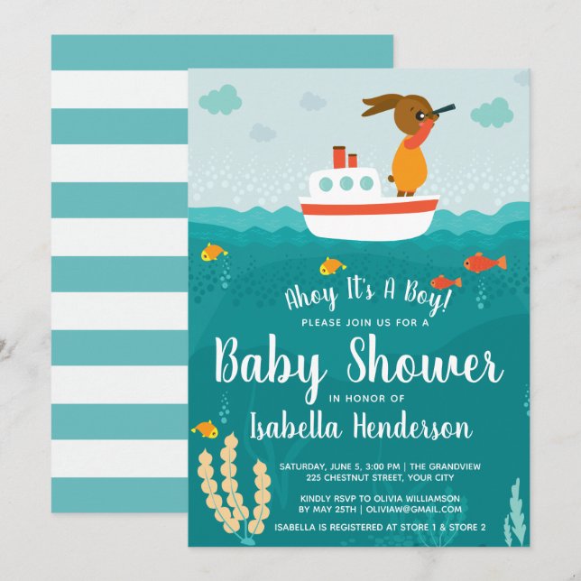 Ahoy Boy Nautical Boat Baby Shower-inbjudan Inbjudningar (Fram/baksida)