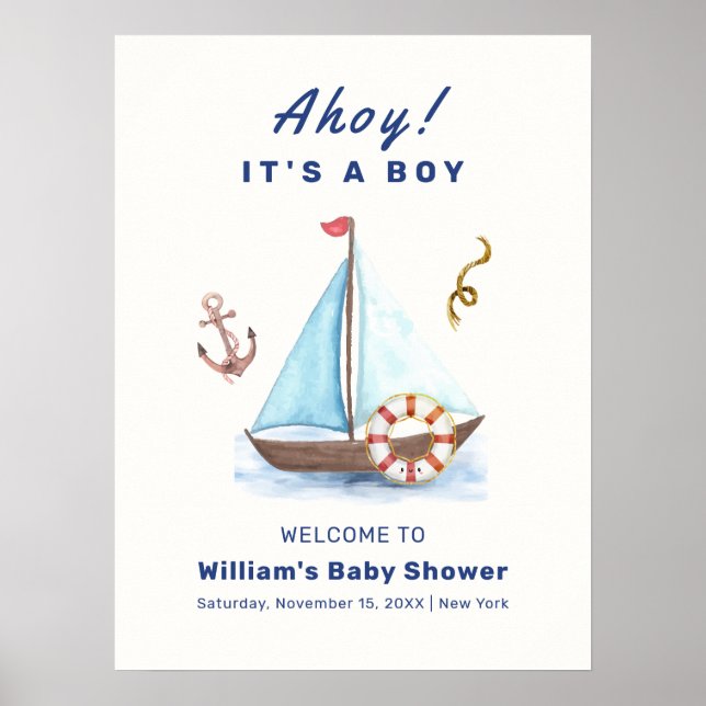 Ahoy Boy Nautical Sailboat Shower Välkommen Poster (Framsidan)