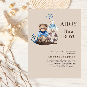 Ahoy Boy Teddy Sailor beige Baby Shower-inbjudan