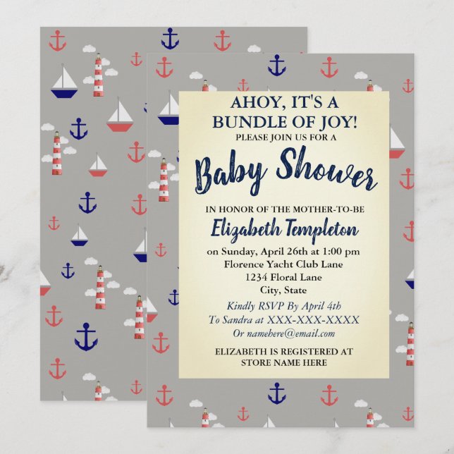 Ahoy Cute Nautical Baby Shower-inbjudan Inbjudningar (Fram/baksida)
