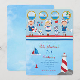Ahoy Där Red Blue White Sailors Lighthouse Boat Inbjudningar